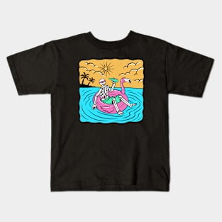 Summer Chillin' // Skeleton Lounging in the Sea on a Flamingo Floatie Kids T-Shirt